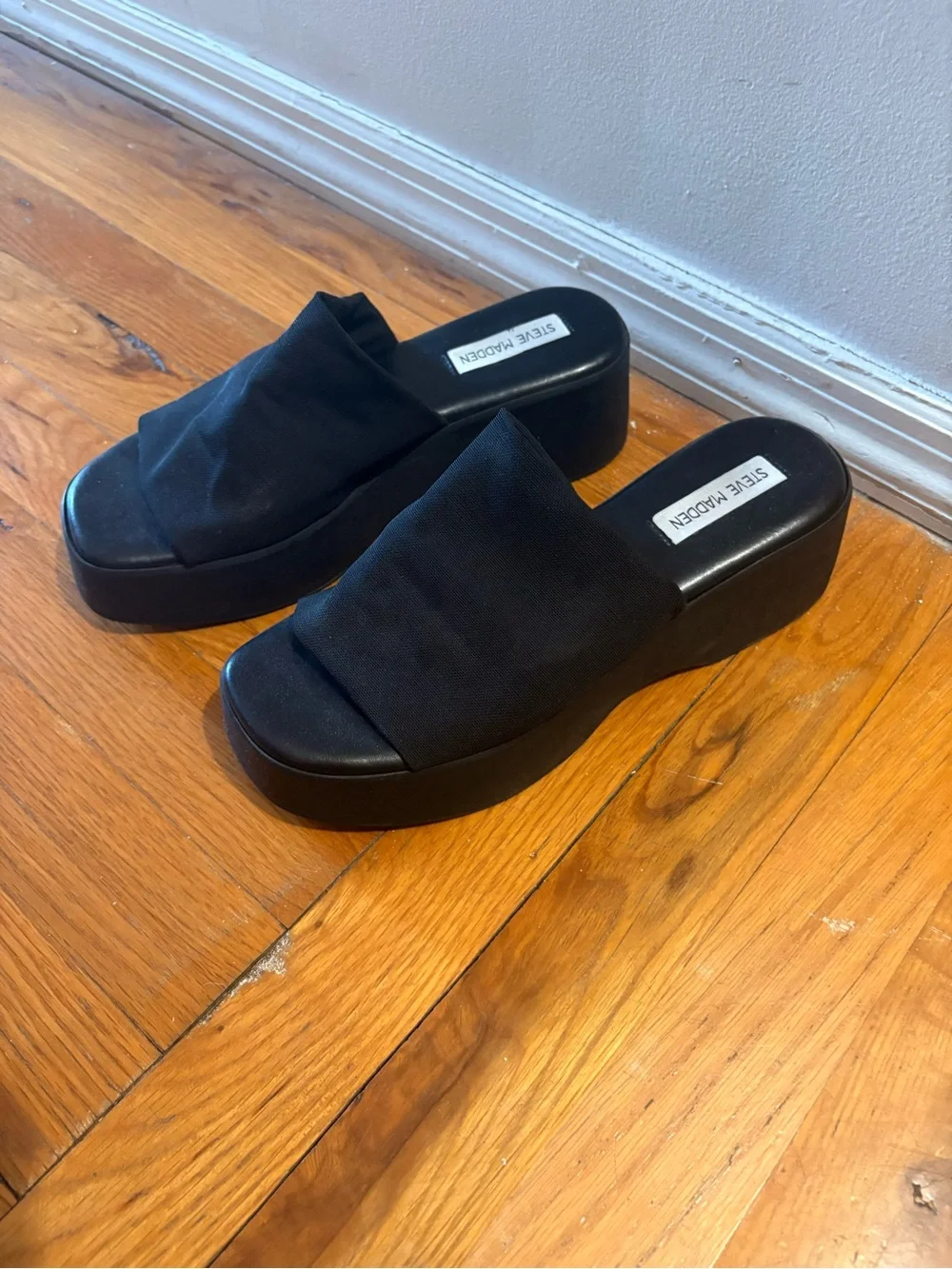 Steve Madden Black Fabric Platform Slide Sandals
